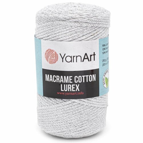 Пряжа для вязания YarnArt 'Macrame cotton Lurex' 250гр 205м (75% хлопок, 13% полиэстер, 12% металлик) (720 белое серебро), 4 мотка