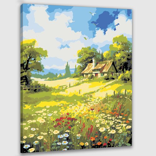 Картина по номерам 50х40 'Пейзаж с лугом и соломенными крышами'