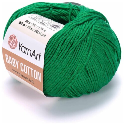 Пряжа для вязания YarnArt Baby Cotton (Бэби Коттон) - 5 мотков 442 яркая зелень, для детских вещей и амигуруми, 50% хлопок, 50% акрил, 165 м/50 г