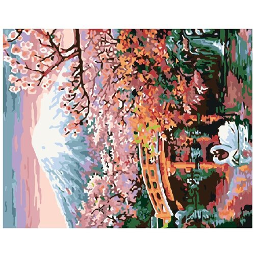 Картина по номерам, 'Живопись по номерам', 60 x 75, ARTH-AH332, горы, весна, Япония, мост, дерево, Сакура, лебеди, река
