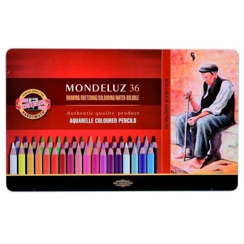 Карандаши акварельные набор 36 цветов, Koh-I-Noor Mondeluz 3725, в металлическом пенале
