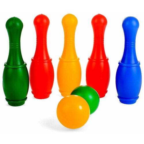Цветной боулинг 'Набор 34', детский игровой набор из 5 пластиковых кеглей и 2 шаров