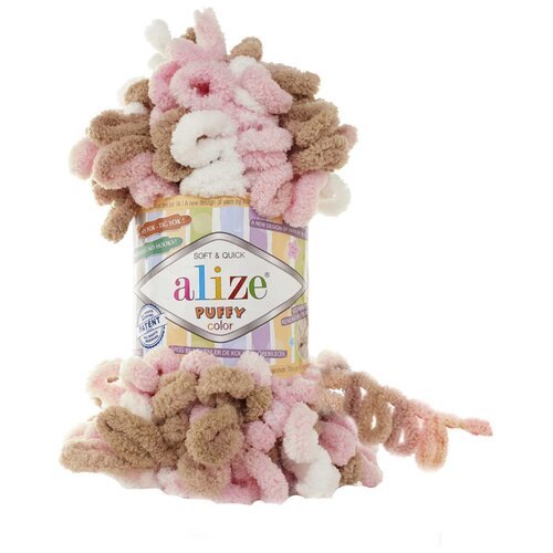 Плюшевая пряжа Alize Puffy Color (Ализе Пуффи Колор) - 2 мотка 6046 бело-розовый-кремовый, для вязания руками, большие петли (4см), 9м/100г