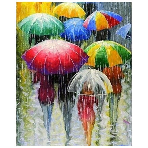 Картина по номерам на холсте с подрамником 40х50 Разноцветные зонты. Осень. Дождь. Городской пейзаж.