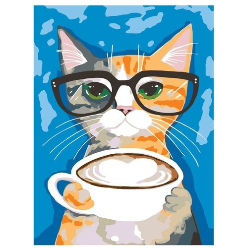Картина по номерам, 'Живопись по номерам', 54 x 72, A197, рыжий, кот, кофе, чашка, очки, животное