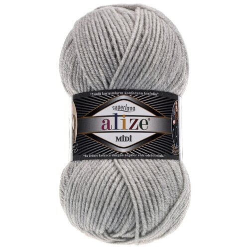 Пряжа Alize Superlana Midi светло-серый/меланж (208), 25%шерсть/75%акрил, 170м, 100г, 5шт