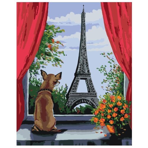 Собачка в Париже Раскраска по номерам на холсте Живопись по номерам