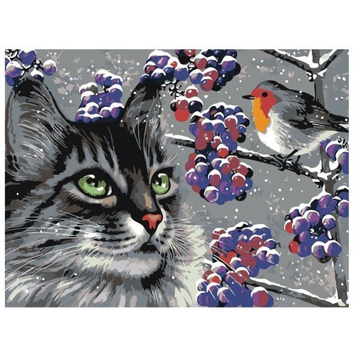 Картина по номерам, 'Живопись по номерам', 54 x 72, A125, гроздья рябины, серый кот, зима, птица, снег