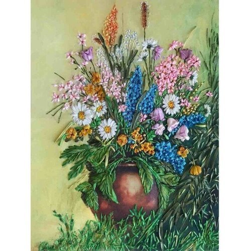 'Космея и луговые цветы' Многоцветница 26х35см. Набор для вышивки лентами