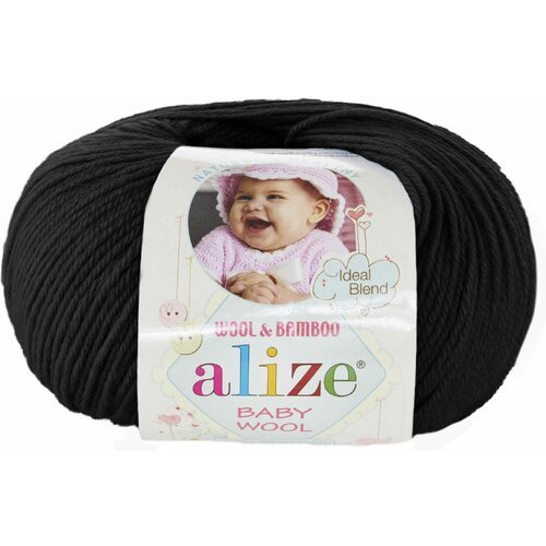Пряжа Alize Baby Wool, 40 % шерсть, 40 % акрил, 20 % бамбук, 50 г, 175 м, 5 шт., 60 черный 175 м