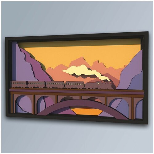 3д картина пейзаж паровоз (закат, мост, горы, паровозик) - 6 12с
