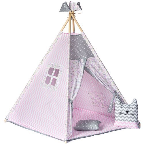 Детский Вигвам/палатка/домик с ковриком, подушкой и подушкой - игрушкой, флажки - 4 шт, кармашек для игрушек и антискладывание 'Фламинго'