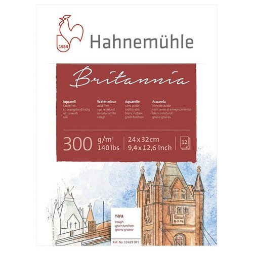 Hahnemuhle Склейка для акварели 'Britannia', 300 г/м2, 24х32 см, 12 л, целлюлоза 100%, крупное зерно