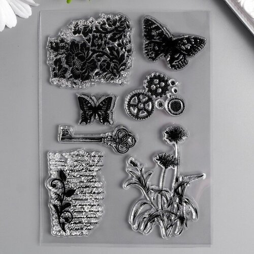 Штамп для творчества силикон 'Бабочки, цветы и ключ' 15х10 см