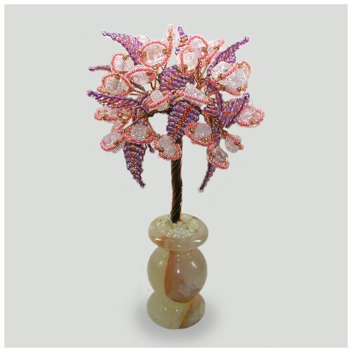 Дерево из розового кварца 'Иллюзия' в вазочке из оникса