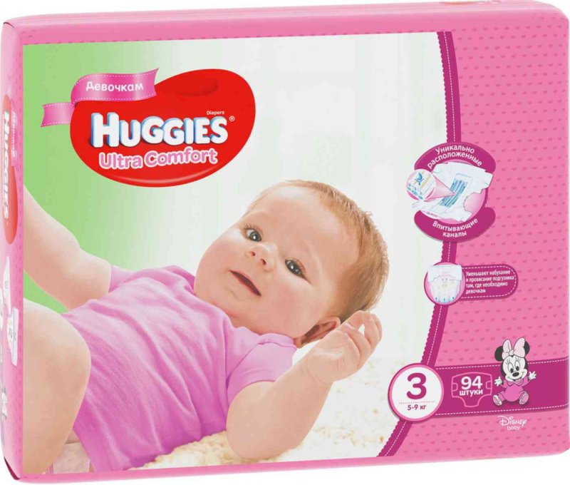 Подгузники для девочек Huggies Ultra Comfort 3 (5-9 кг), 94 шт.