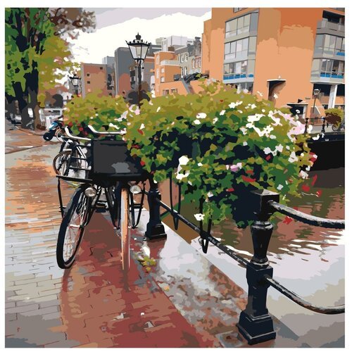 Картина по номерам, 'Живопись по номерам', 80 x 80, ETS244-4040, велосипед, городской пейзаж, Европа, здание, цветы, дождь, осень