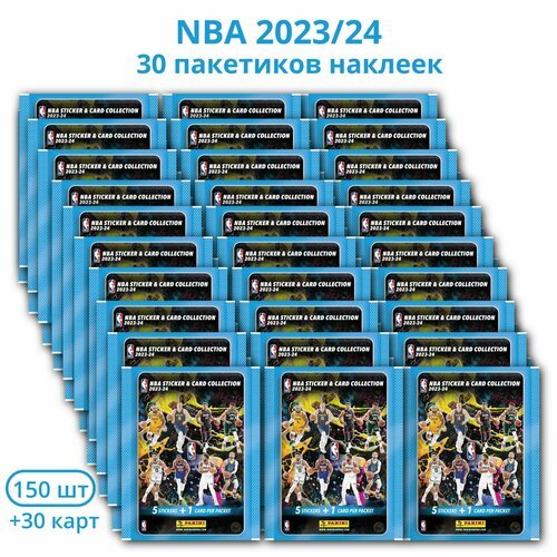 30 пакетиков наклеек Panini НБА 2023/24 баскетбольные коллекционные наклейки для любителей панини 150 стикеров + 30 карточек