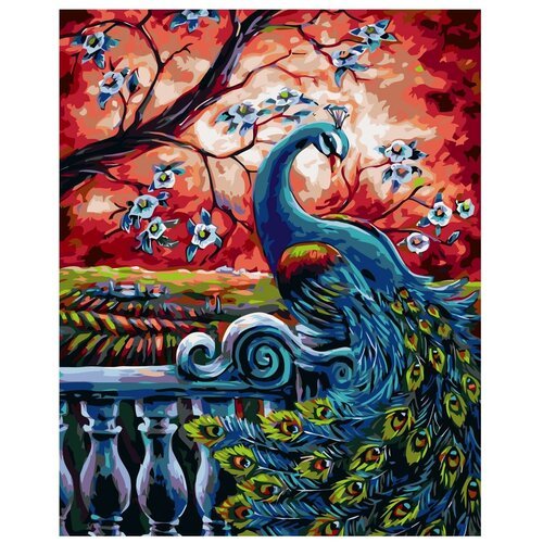 Картина по номерам, 'Живопись по номерам', 40 x 50, A462, павлин, перья, балкон, природа, дерево, цветы, весна