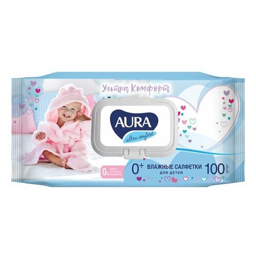 Салфетки влажные комплект 100 шт., комплект 50 шт., для детей AURA 'Ultra comfort', гипоаллергенные, без спирта, крышка-клапан, 6486