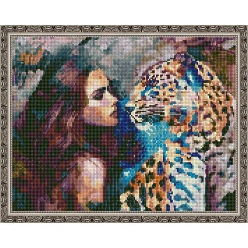 Алмазная мозаика 'Девушка и леопард' круглые стразы холст на подрамнике 40х50 см, CK2046