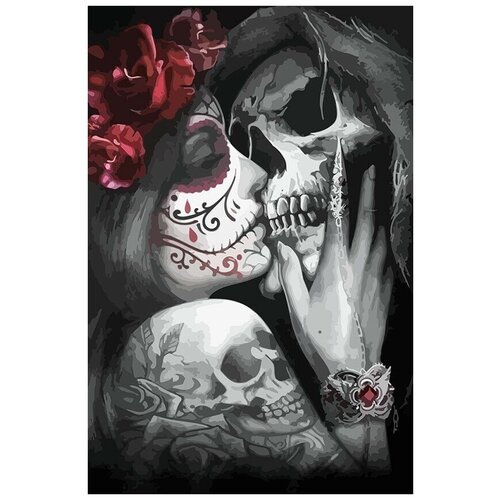Картина по номерам на холсте Поцелуй смерти (Девушка, Санта Муэрте, Роза) - 8080 В 60x40