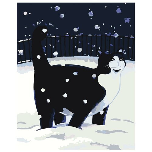 Картина по номерам, 'Живопись по номерам', 100 x 125, A74, чёрный кот, снег, зима, ночь, прогулка, рисунок