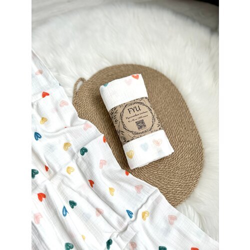 Муслиновые пеленки для новорожденых , размер 95х135 , жатый муслин, пеленка из муслина многоразовая Сердечки цветные