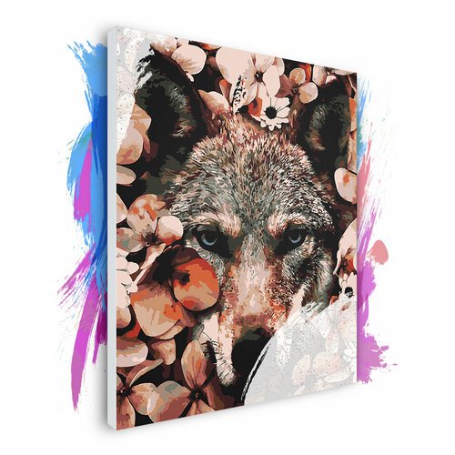 Картина по номерам на холсте Волк в цветах, 50 х 70 см