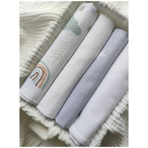 Муслиновые пеленки для малышей bpkids 80х100 см хлопок, 4 шт радуга/белый/серые звезды/белый