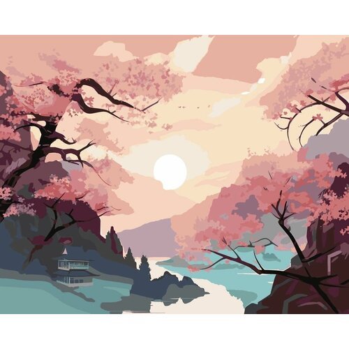 Картина по номерам ЖПН 'Цветущая сакура в горах', Раскраска 40x50 см, Сакура