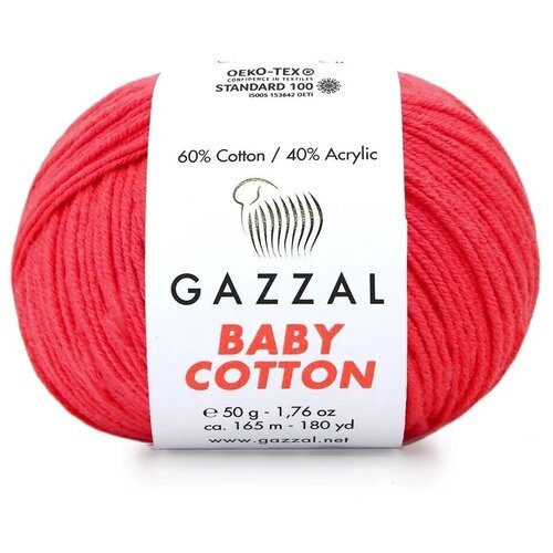Пряжа Gazzal Baby Cotton (Газзал Беби Коттон) - 2 мотка Ярко-коралловый (3458) 60% хлопок, 40% акрил 165м/50г