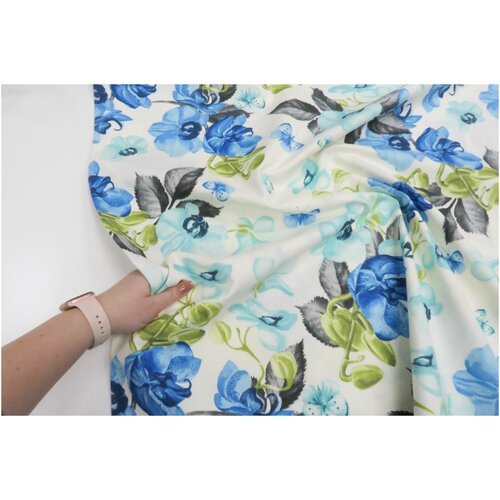 Ткань DUCK с водоотталкивающей пропиткой, принт: 'Цветы №7' ярко-синий (100 см. x 180 см.)