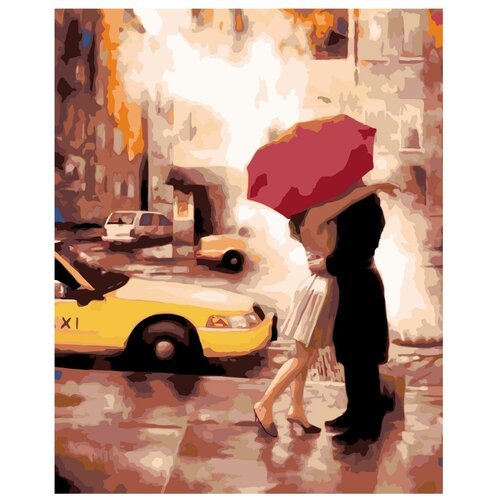 Картина по номерам, 'Живопись по номерам', 72 x 90, DA07, Влюблённые, поцелуй, дождь, зонт, картинки, любовь, Париж, такси, дождь