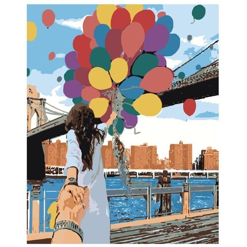 Картина по номерам, 'Живопись по номерам', 40 x 50, AYAY-30032018, женщина, разноцветный, воздушные шары, мост, Лондон, путешествие, небоскрёбы, природа, река, лодка