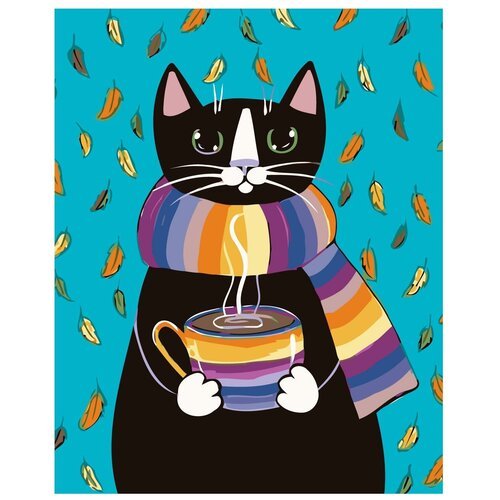 Картина по номерам, 'Живопись по номерам', 80 x 100, A449, чашка чая, чёрный кот, шарф, животные, осень, Горячий напиток, листья