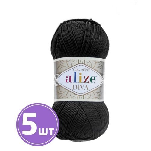 Пряжа Alize Diva Silk effekt (60 черный), 5 шт. по 100 г, Alize