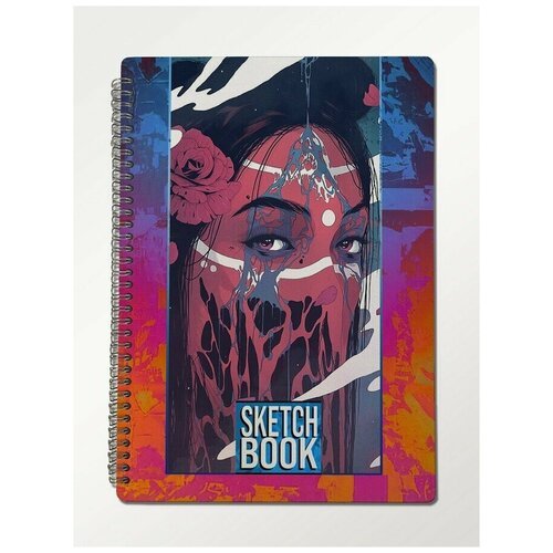 Скетчбук А4 крафт-бумага, 50 листов с деревянной обложкой Девушка Красочная Гейша Самурай - 420