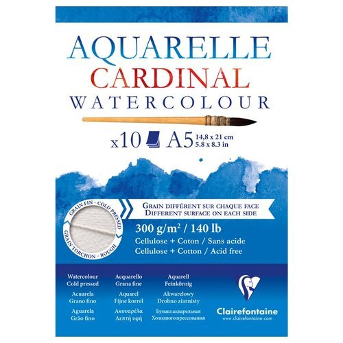 Альбом для акварели, 10л, А5, на склейке Clairefontaine 'Cardinal', 300г/м2, торшон, холод. пресс, хлопок