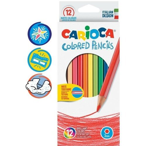 Карандаши 12 цветов Carioca, шестигранные, яркий ударопрочный грифель 3,0 мм, картонная упаковка
