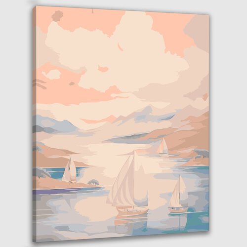 Картина по номерам 50х40 'Пейзаж с рекой и парусными лодками'