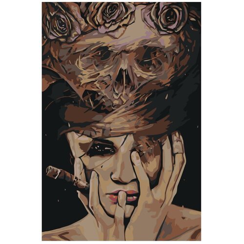 Картина по номерам, 'Живопись по номерам', 100 x 150, EL007, женщина, сова, курильщицы, сигара, головной убор, макияж, Брайан Виверос, череп