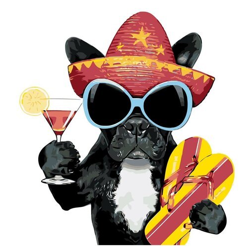 Картина по номерам, 'Живопись по номерам', 60 x 60, A400, пёс, животное, лето, отдых, алкоголь, очки, шляпа, шлёпки