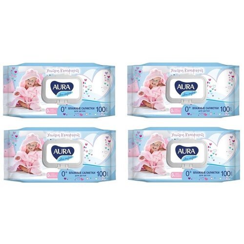 Салфетки влажные для детей AURA 'Ultra comfort' (4 упаковки) гипоаллергенные, без спирта, крышка-клапан, 6486 (100 шт. в упаковке)