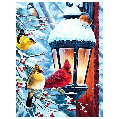 Алмазная мозаика на холсте с подрамником (картина стразами, алмазная вышивка) Птички у фонаря 40x50 см.