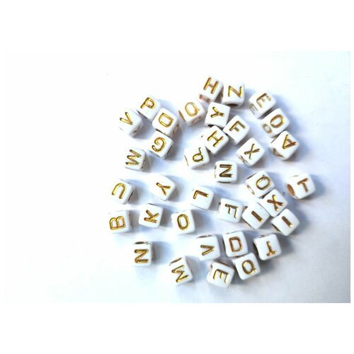 Бусины Алфавит (английский, белый/золото, куб, 5х5 мм) 500 г