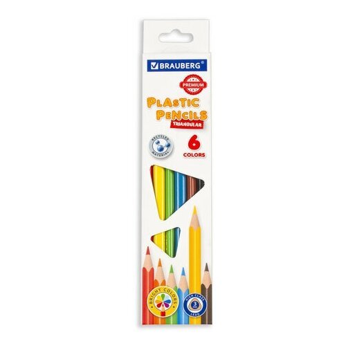 Карандаши цветные пластиковые BRAUBERG PREMIUM, 6 цветов, трехгранные, грифель мягкий 3 мм, 181660 3 уп
