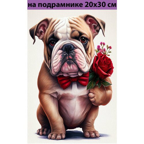 Алмазная мозаика на подрамнике 20х30 Собака с розой, алмазная живопись 30х20, 30*20, Наборы с круглыми стразами полная выкладка