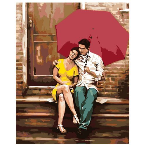 Картина по номерам, 'Живопись по номерам', 48 x 60, DA06, Влюблённые на пороге, здание, дождь, зонт, Даниэль Дель Орфано