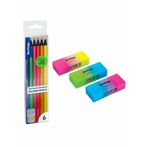 Набор карандаши цветные флуоресцентные 6 цветов и ластики 3 штуки
